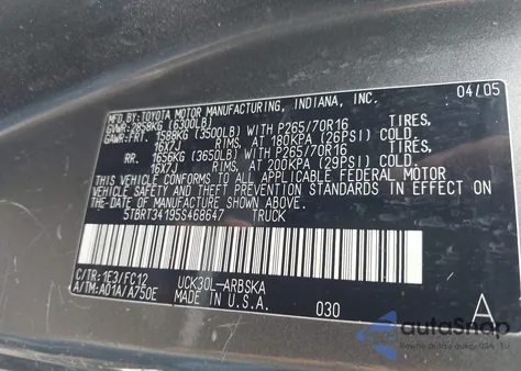 2005 Toyota Tundra Sr5 V8 z USA, uszkodzony, nr VIN 5TBRT34195S468647